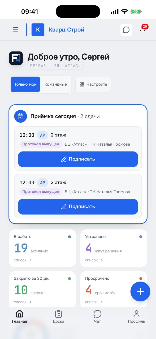 Главная прораба на телефоне: приёмка сегодня, в работе 19, устранено 4, просрочено 4