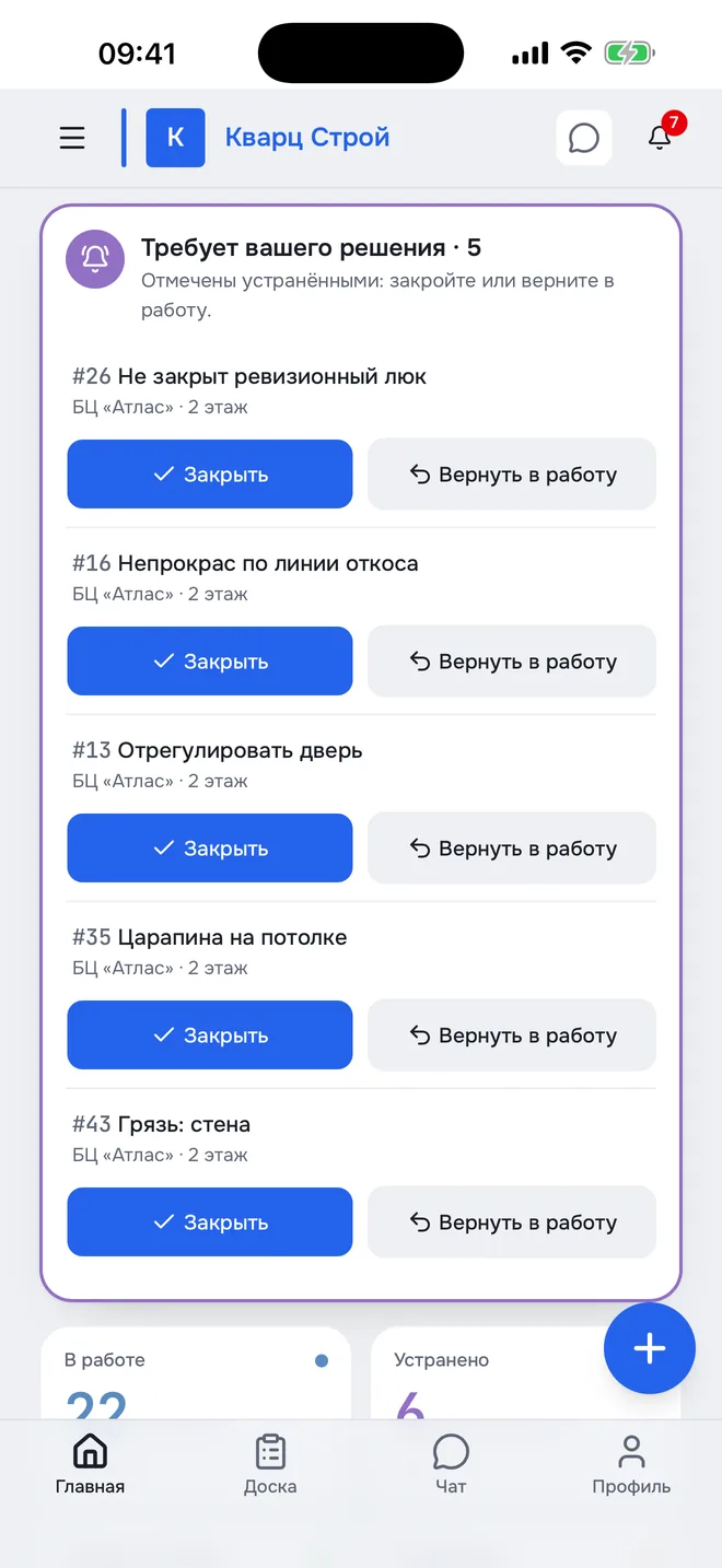 Блок «Требует вашего решения» на телефоне: кнопки «Закрыть» и «Вернуть в работу»